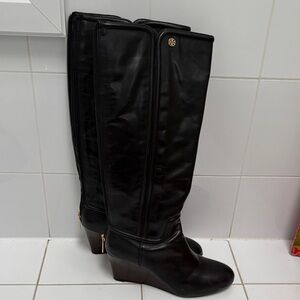 Tory Burch Black Leather Wedge Boots